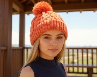 Cable Knit Hat Pattern PDF – Chunky Winter Beanie with Pompom