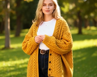 Cable Knit Cardigan Pattern PDF – Chunky Aran Button Sweater