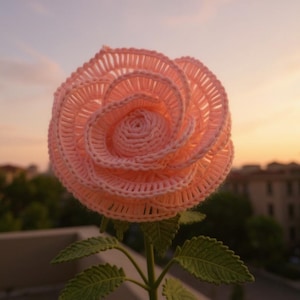 May include: A handcrafted, light pink crocheted rose. The flower features a spiral design with detailed petals and green leaves. The background shows a sunset with buildings.
