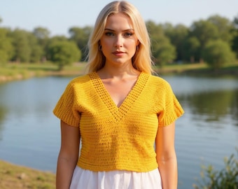 Crochet Summer Shirt Pattern PDF – Easy V Neck Cotton Tee