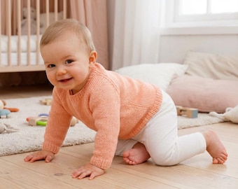 Patrón de jersey de punto para bebé, raglán de arriba hacia abajo, jersey suave para bebé en formato PDF.