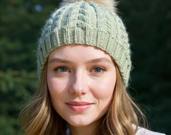 Cable Knit Hat Pattern PDF – Ribbed Winter Beanie with Pompom