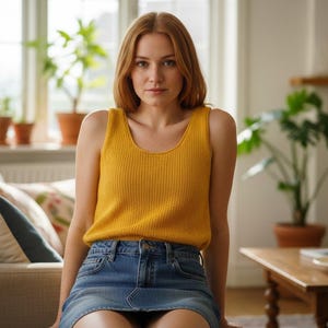 May include: A woman wearing a mustard yellow ribbed tank top and a denim skirt. The woman is sitting in a living room with a couch, plants, and a coffee table.