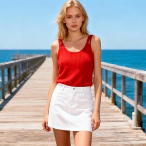 May include: A woman wearing a red tank top with a scoop neck and a white denim skirt stands on a wooden pier. The tank top has straps and a ribbed texture. The skirt is a mini skirt. The background is a blue ocean and sky.