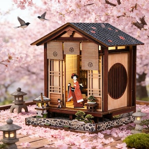 以下が含まれることがあります： 赤い着物の芸者の姿が印象的な、ミニチュアの日本家屋。石灯籠と桜が咲き誇る庭に佇む。木造の家は引き戸と瓦屋根が特徴で、穏やかな雰囲気を醸し出している。
