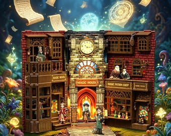 Kit para crear un rincón de lectura: Biblioteca de magos de la ciudad mágica - Rompecabezas de madera 3D con luces LED.