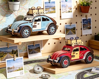 Kit de Montagem DIY de Carro Estilo Fusca 3D - Modelo de Quebra-Cabeça de Madeira - Decoração Retrô de Viagem com Malas