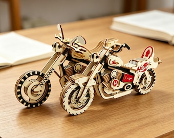 3D Wooden Motorcycle Puzzle Model Kit, DIY Mechanical Sport Bike & Sidecar Set, Laser Cut