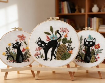 DIY Black Cat Embroidery Kit for Beginners,Modern Animal Hand Embroidery
