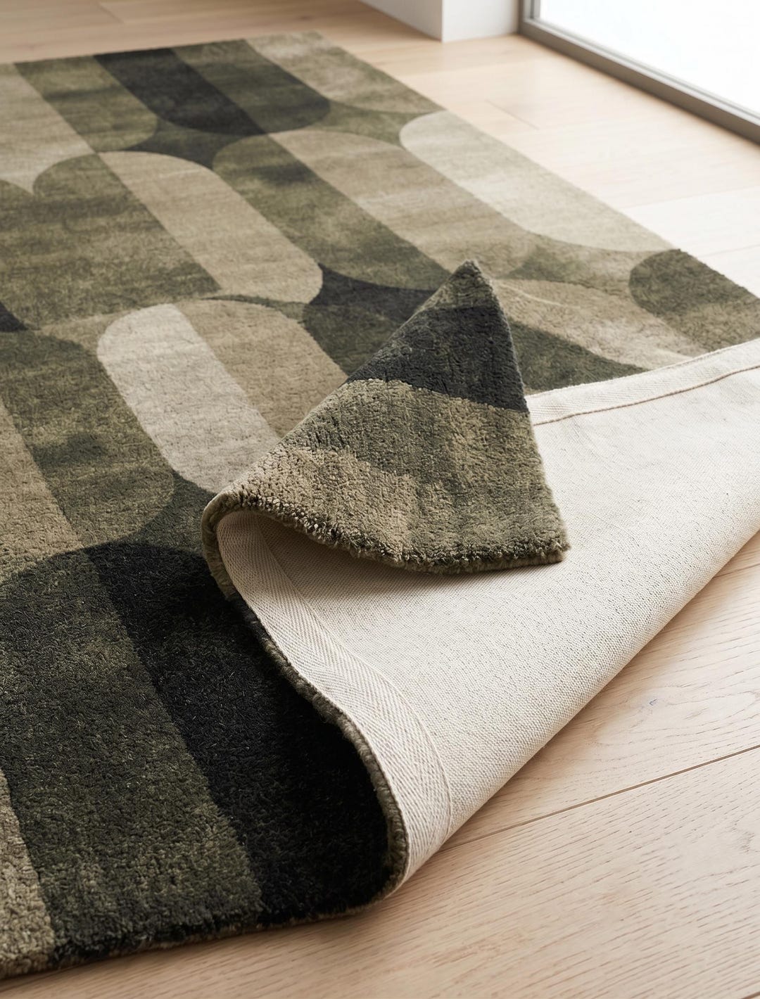 Midcentury Arch Olive Geometric Wool Rug Retro Modern Carpet Lounge ...