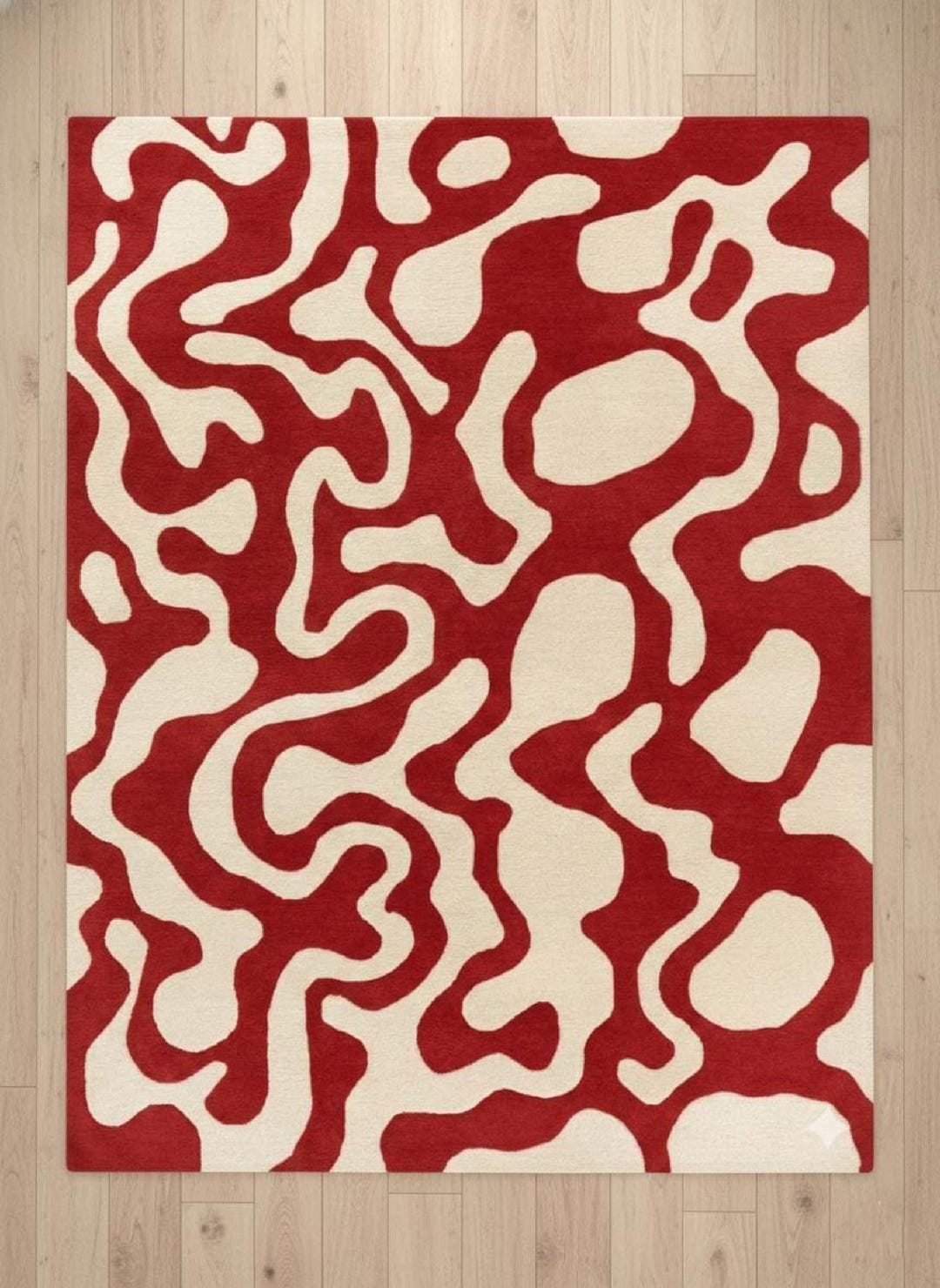 Modern Abstract Hand-tufted Wool Rug, Wavy Red and Cream Amoeba Organic ...