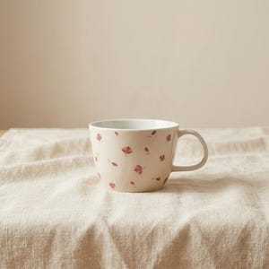 May include: A beige ceramic mug with a white interior and a handle. The mug is decorated with a pattern of small, red floral designs. The mug is sitting on a beige linen tablecloth.