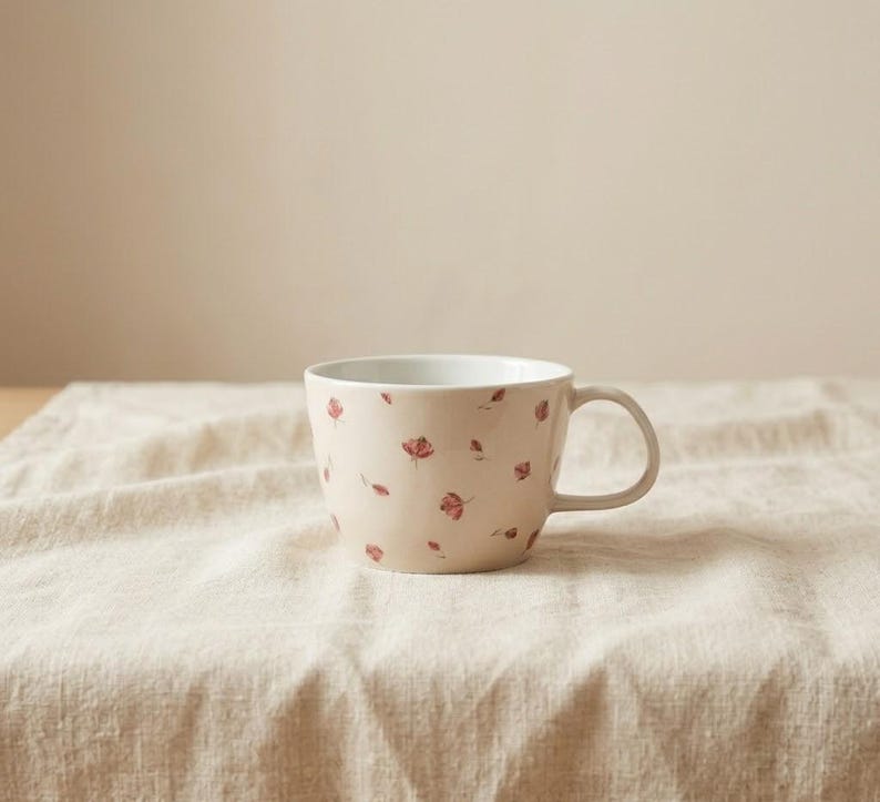 May include: A beige ceramic mug with a white interior and a handle. The mug is decorated with a pattern of small, red floral designs. The mug is sitting on a beige linen tablecloth.