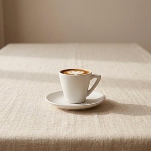 Pode incluir: Uma chávena de café branca e o seu pires, cheios de café com um desenho em forma de coração na espuma. O conjunto está sobre uma toalha de mesa bege. A iluminação é suave.