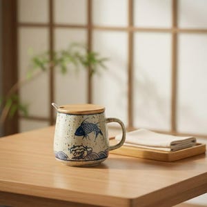 Peut inclure: Une tasse en céramique avec un couvercle et une poignée en bois. La tasse est décorée d'un motif de poisson bleu et de vagues. La tasse est sur une table en bois, avec un plateau en bois et un tissu blanc plié.