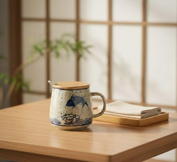 Japanese Tea Cup Ceramic Mug 350ml with Bamboo Lid and Spoon
