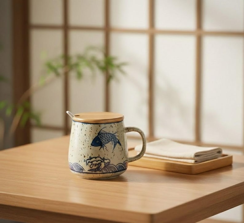 May include: A ceramic mug with a wooden lid and a handle. The mug is decorated with a blue fish design and wave patterns. The mug is on a wooden table, with a wooden tray and folded white cloth.