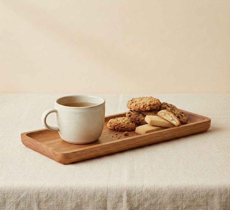 Pu&ograve; includere: Una tazza in ceramica beige chiaro con un manico curvo &egrave; su un vassoio di legno rettangolare. Il vassoio contiene diversi biscotti e pasticcini. I biscotti sono marroni dorati e i pasticcini beige chiaro.