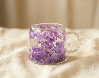 Double Walled Glass Mug with Purple Hydrangea Design – Coffee Tea Cup Handle
