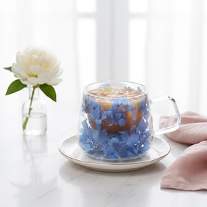 Hydrangea Double Wall Glass Mug, Floral Insulated Tea Cup, Gift for Her, Coffee Lover Gift, Botanical Borosilicate Mug, Birthday Gift