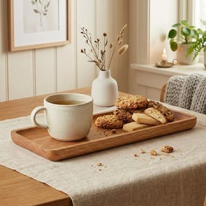 Pu&ograve; includere: Un vassoio di legno con una tazza, biscotti e shortbread. La tazza &egrave; bianco sporco e i biscotti sono dorati. C'&egrave; anche un piccolo vaso bianco con fiori secchi. Il vassoio &egrave; su una tovaglia beige.