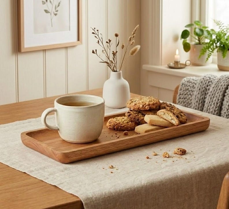 Pu&ograve; includere: Un vassoio di legno con una tazza, biscotti e shortbread. La tazza &egrave; bianco sporco e i biscotti sono dorati. C'&egrave; anche un piccolo vaso bianco con fiori secchi. Il vassoio &egrave; su una tovaglia beige.