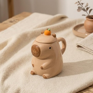 Könnte beinhalten: Eine beige Keramiktasse in Form eines Capybaras mit Deckel und Henkel. Die Tasse hat eine braune Nase und kleine schwarze Augen. Auf dem Deckel sitzt eine kleine orangefarbene Frucht. Die Tasse steht auf einer cremefarbenen Oberfläche.