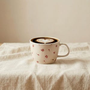 May include: A beige ceramic coffee mug with a floral pattern, filled with coffee and topped with latte art in the shape of a heart. The mug sits on a beige linen tablecloth. The mug has a handle and is decorated with small red flowers.