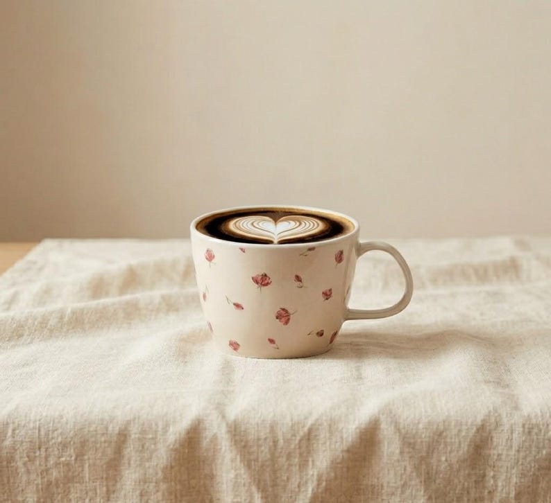 May include: A beige ceramic coffee mug with a floral pattern, filled with coffee and topped with latte art in the shape of a heart. The mug sits on a beige linen tablecloth. The mug has a handle and is decorated with small red flowers.