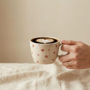 May include: A beige ceramic coffee mug with a floral pattern, filled with coffee and latte art in the shape of a heart. The mug is held by a person's hand, with a gold ring on the finger.