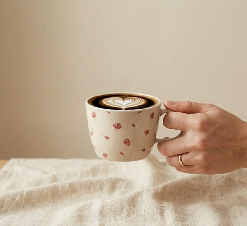 May include: A beige ceramic coffee mug with a floral pattern, filled with coffee and latte art in the shape of a heart. The mug is held by a person's hand, with a gold ring on the finger.