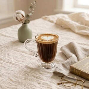 May include: A glass coffee mug with a heart-shaped design in the foam, filled with dark coffee. The mug is on a beige tablecloth, with a book and glasses nearby. The scene is set indoors.