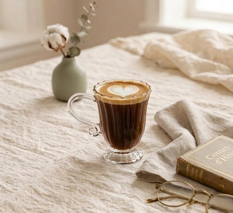 May include: A glass coffee mug with a heart-shaped design in the foam, filled with dark coffee. The mug is on a beige tablecloth, with a book and glasses nearby. The scene is set indoors.