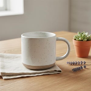 Könnte beinhalten: Eine gesprenkelte, weiße Keramiktasse mit beigem Boden steht auf einer gefalteten beigen Leinen-Serviette. Eine kleine Topf-Sukkulente und Lavendelzweige befinden sich auf einem Holztisch und erzeugen eine natürliche Atmosphäre.