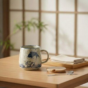 May include: A ceramic mug with a fish design, a wooden lid, and a spoon. The mug is beige with blue accents and a fish illustration. The mug is on a wooden table with a wooden tray and a folded cloth.