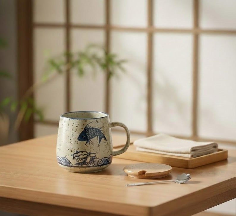 May include: A ceramic mug with a fish design, a wooden lid, and a spoon. The mug is beige with blue accents and a fish illustration. The mug is on a wooden table with a wooden tray and a folded cloth.