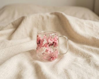 Dubbelväggig glasmugg med blommönster, isolerad tekopp, 250 ml, genomskinlig dryckesmugg, presentförpackning