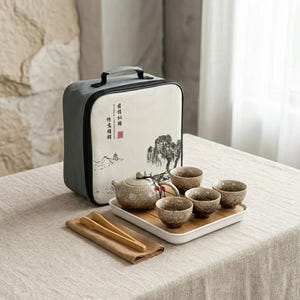 Puede incluir: Juego de té completo con tetera, cuatro tazas pequeñas y una bandeja. El juego está hecho de cerámica moteada e incluye un estuche con un diseño de paisaje. También se incluyen un par de pinzas de madera y un paño.