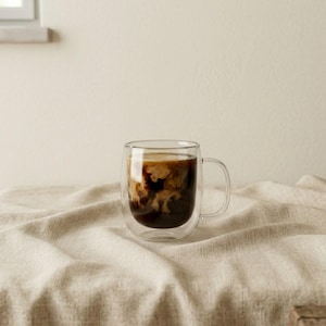 Op de afbeelding: Een heldere dubbelwandige glazen mok gevuld met koffie en room. De koffie is donkerbruin en de room wervelt erin. De mok heeft een oor en staat op een beige linnen oppervlak.