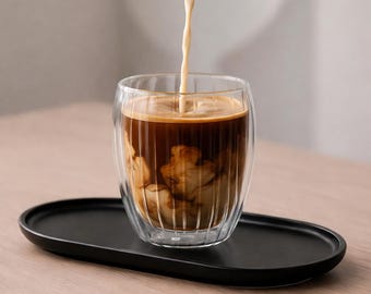 Double Wall Striated Glass Mug – Insulated Coffee and Tea Cup, 400ml