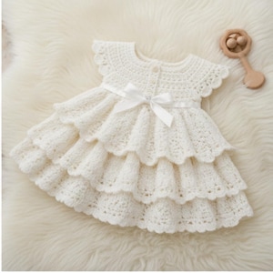 Op de afbeelding: Een crèmekleurige gehaakte babyjurk met een rok met ruches en korte mouwen. De jurk heeft een wit satijnen lint dat in een strik om de taille is geknoopt en kleine knopen aan de voorkant. Een houten rammelaar ligt naast de jurk.