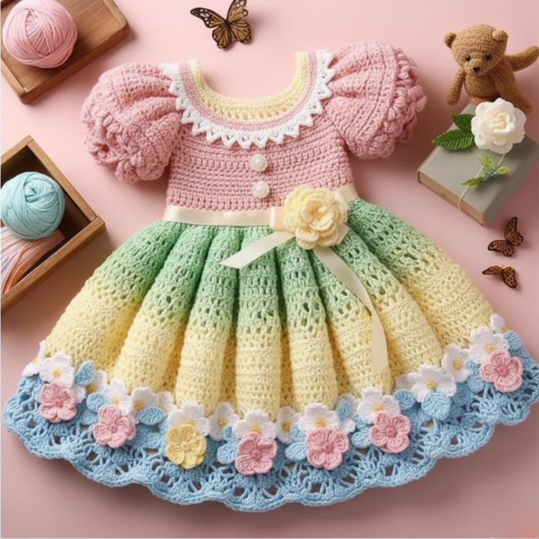 39 Adorable Crochet Patterns for Girls’ Dresses to Make for Special Occasions and... 23 Floral Toddler Frock Puff Sleeve Girl Dress Rainbow