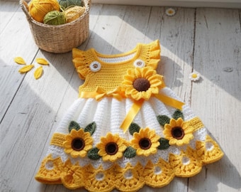 Crochet Sunflower Baby Dress Pattern | Floral Appliqué, Scalloped Hem (Digital Download)