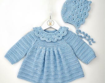 Baby Gehrock gehäkelt | Blaues Kleid Schnittmuster | Ausgebogter Kragen | Digitaler Download