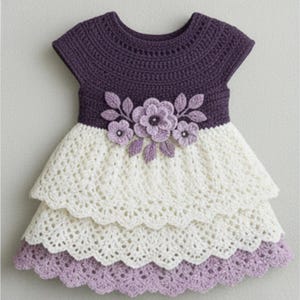 Peut inclure: Robe crochetée à la main, violette et blanche. Le corsage est violet foncé, menant à une jupe blanche à volants avec un bord festonné. Ornée de fleurs et de feuilles crochetées, cette robe est pour bébé ou jeune enfant.