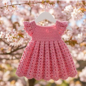 Può includere: Un vestito da neonata rosa all'uncinetto fatto a mano con maniche a volant e orlo smerlato, appeso a una gruccia bianca. L'abito è presentato su uno sfondo sfocato di fiori rosa, che evoca un tema primaverile o estivo.