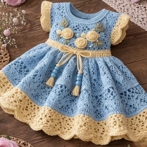 May include: A handmade, light blue crochet dress with yellow accents. The dress features a floral design on the bodice, a yellow bow at the waist, and decorative tassels. The skirt has a scalloped yellow trim.