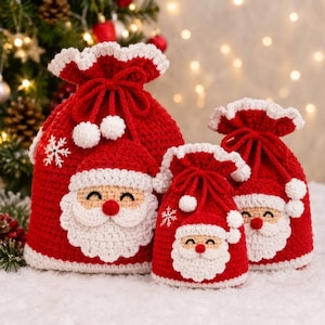 May include: Three red and white crochet drawstring bags featuring a Santa Claus face design. Each bag has a white ruffled top edge, a red drawstring closure, and a white snowflake applique on the side. The Santa faces have white beards.