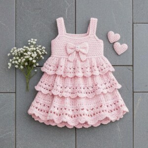 May include: A light pink crochet dress with a tiered skirt and bow detail. The dress has a square neckline and shoulder straps. Two small pink crochet hearts are next to the dress. A small bouquet of white flowers is also in the image.