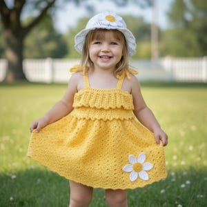 May include: A bright yellow crochet dress featuring a tiered bodice, thin shoulder straps, and a large white daisy appliqué on the skirt. The outfit includes a matching white crochet bucket hat adorned with a single white daisy on the front.